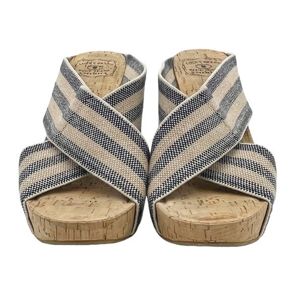 Lucky Brand Miller II Cross Strap Cork Wedge Blue Cream Stripe Women’s Size 9.5 - Picture 9 of 16